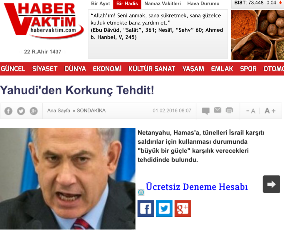 HaberVaktim’den bir antisemitizm örneği: ”Yahudi’den korkunç tehdit”