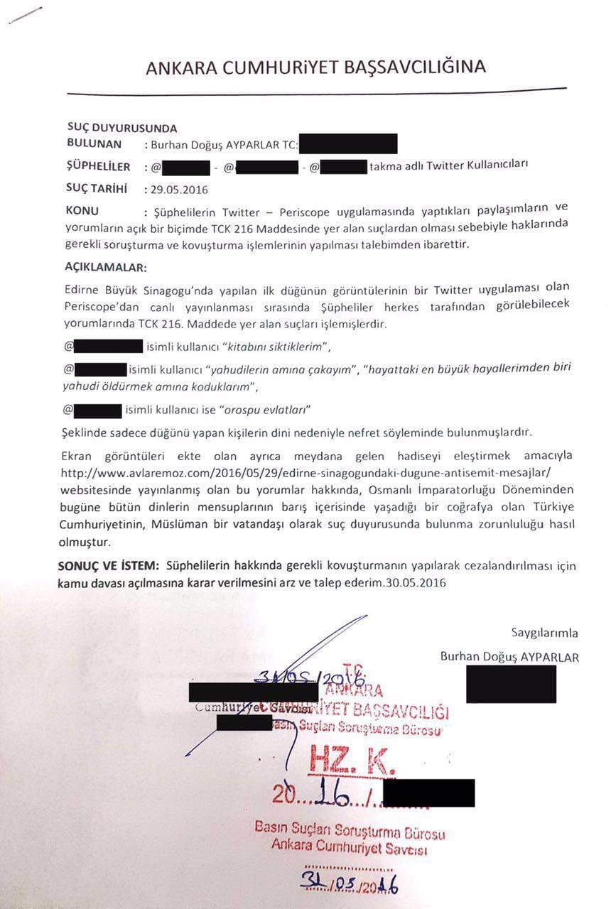 Antisemitizme karşı suç duyurusu