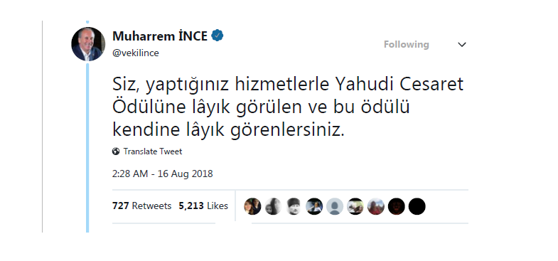 Muharrem İnce’den Antisemit Tweet