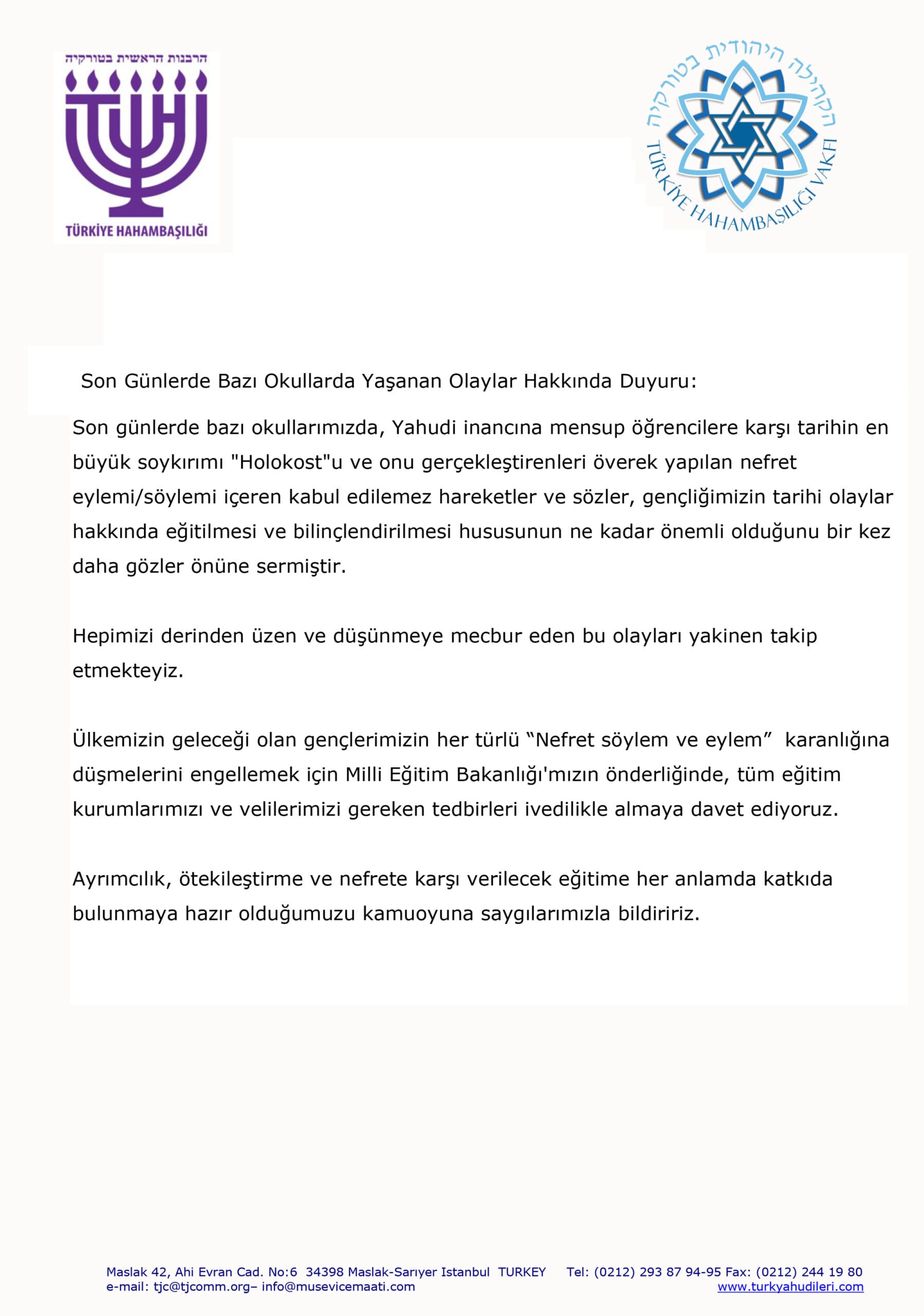 Türk Yahudi Toplumu Liselerde Gerçekleşen Antisemit Vakalar Hakkında Açıklama Yaptı